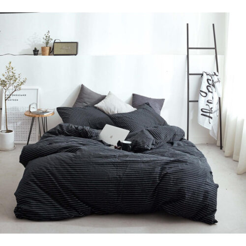 Jollic♡ 黑色床包組 黑白條紋 無印100%純棉水洗棉 黑色白色條紋 黑白 鬆緊帶床包 四件組 條紋