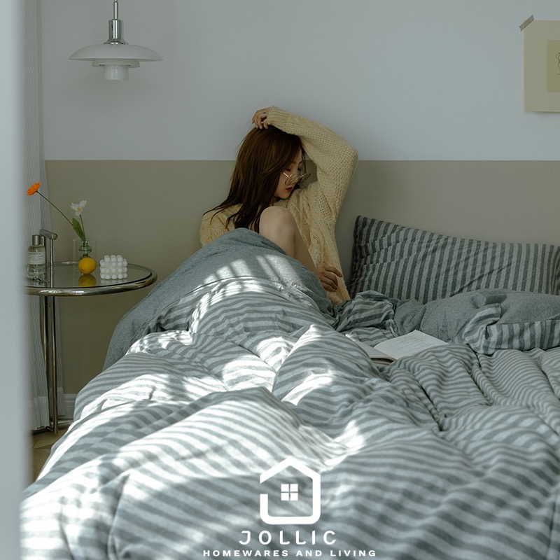 天竺棉灰色條紋床包組 四件組 針織棉質感
