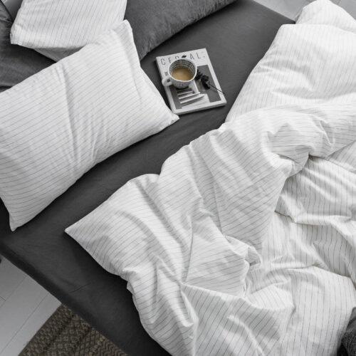 淺灰色條紋 黑白條紋雙人床包 精梳棉親膚100%純棉 安全無毒水洗棉床包不褪色 單人加大雙人床寢室宿舍 無印良品同款床包