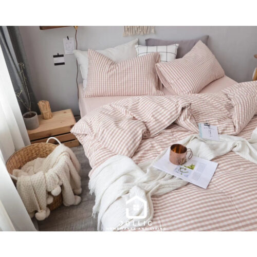 Jollic♡ 粉橘色格子床包組 無印同材質水洗棉床包組 粉橘色床包 雙人床包組 單人加大粉橘色格子床單被套床包枕套雙人