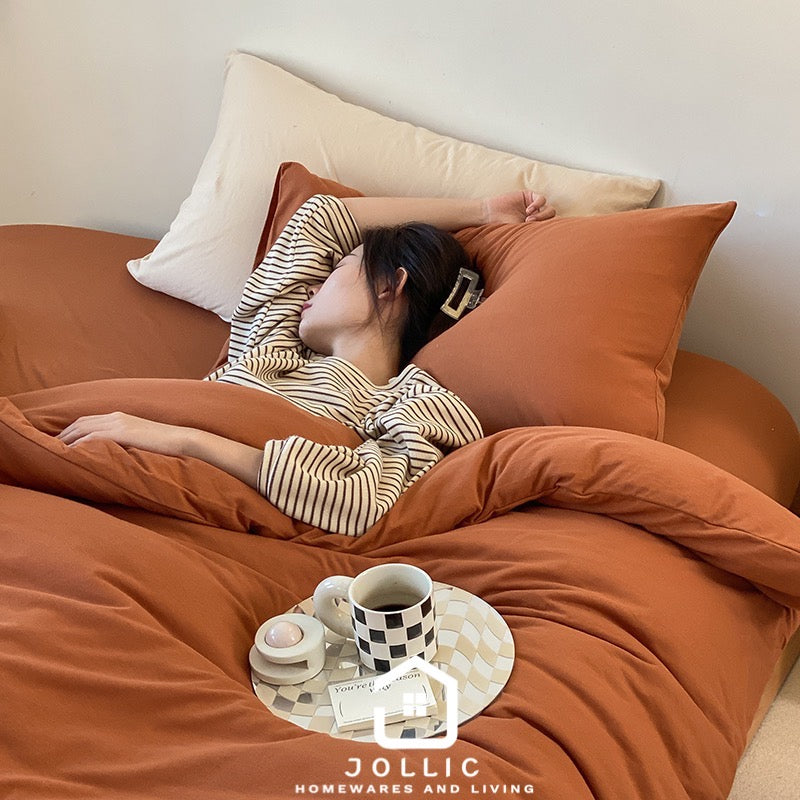天竺棉床包組南瓜色 - 鬆緊帶包覆設計