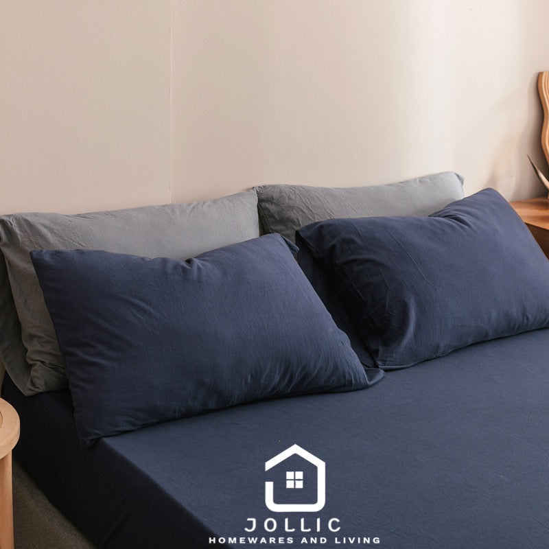 海軍藍天竺棉床包組 - 枕套特寫